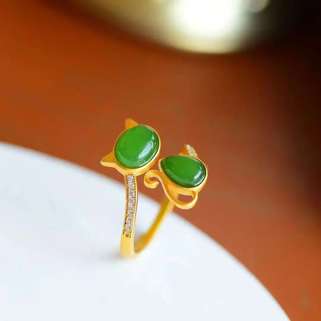 

Cute Fashion Cat Ring Elegant and Small Exquisite and Versatile Fresh S925 Silver Inlaid Hetian Jade Ring