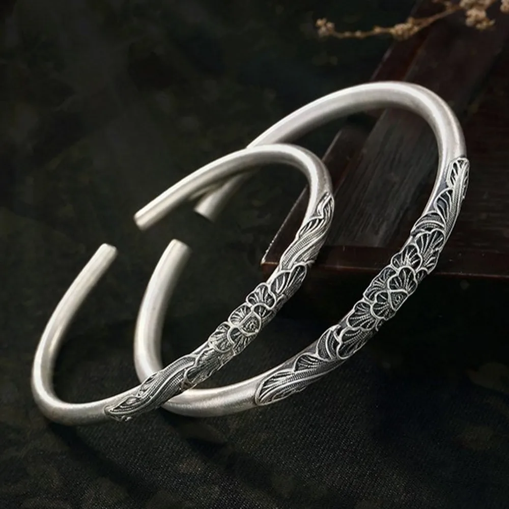 

BOCAI New S999 pure silver filigree peony vintage matte distressed ladies open solid bracelet