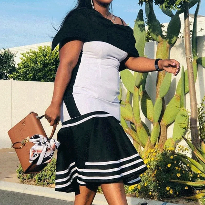 

Fashion Patchwork Fishtail Slim Dress Elegant Women Off Shoulder Sling Party Dresses 2021 Summer Ladies Casual Dress Plus Size