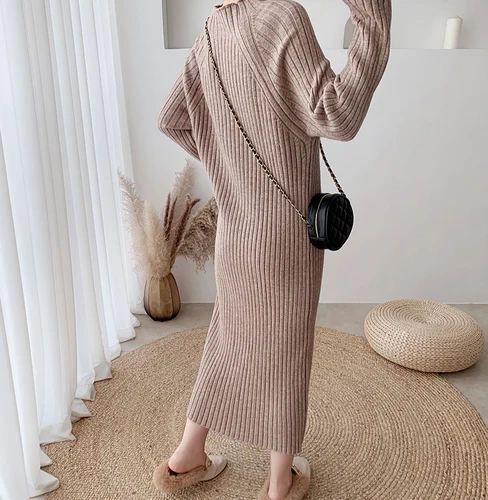 

2019 Winter Thicken Solid Knitted Long Maxi Sweater Dress Women Long Sleeve Half-high Collar Straight Loose Casual Sweater Dress