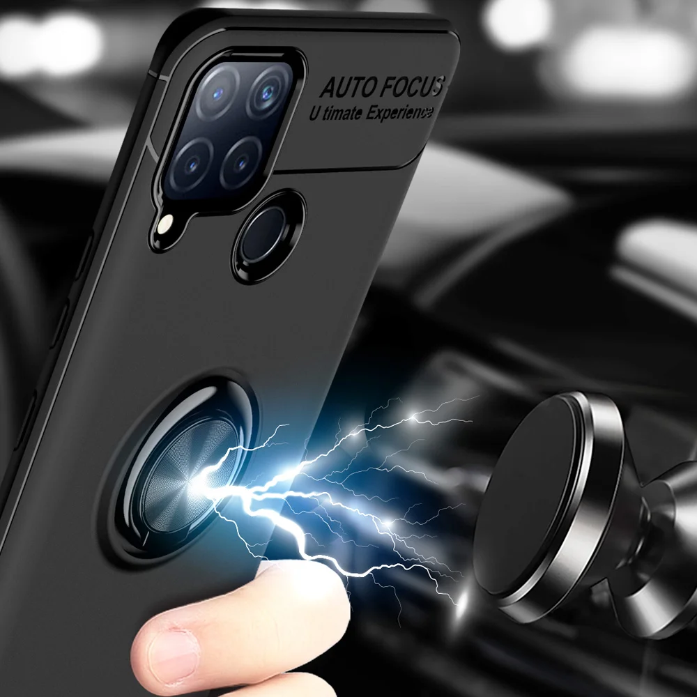 Автомобильный Магнитный чехол для Realme C15 мягкий с кольцом держателем на