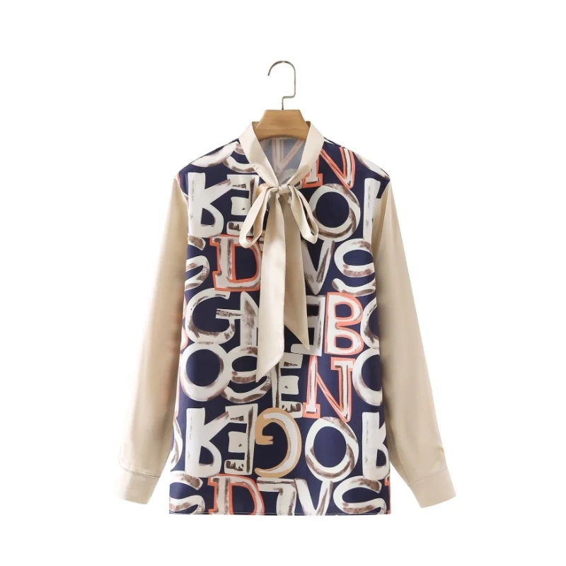 

Women Letter Printing Satin Blouse Bow Tie Smock Female Long Sleeve Shirt Casual Lady Loose Tops Blusas S9626