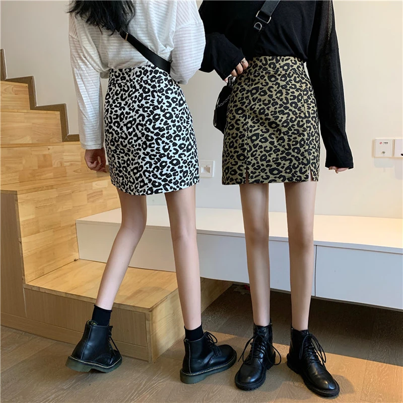 

Autumn Sexy High Waist Slim Hip A-Line Split Leopard Mini Skirts Black/White Brown Leo Print Skirts