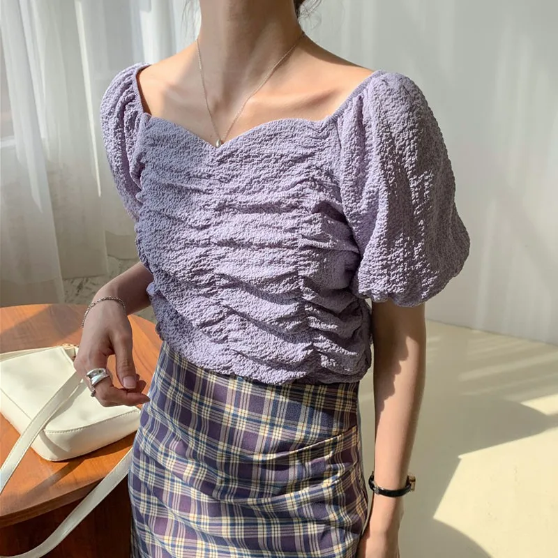 

French Style Elegant Women Blouses Solid Color Ladies Summer Short Sleeve Sweet Shirt Tops 2020