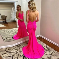 sexy deep v neck hot pink mermaid long evening dress 2021 spaghetti straps backless sleeveless party prom gowns