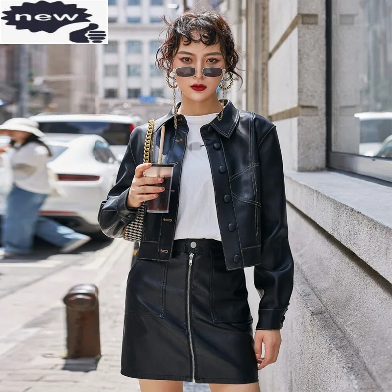 Women Casual Biker PU Leather Jacket Streetwear Punk Slim Fit Cropped Coat Fashion Single Breasted Office Lady Black Jackets S-L