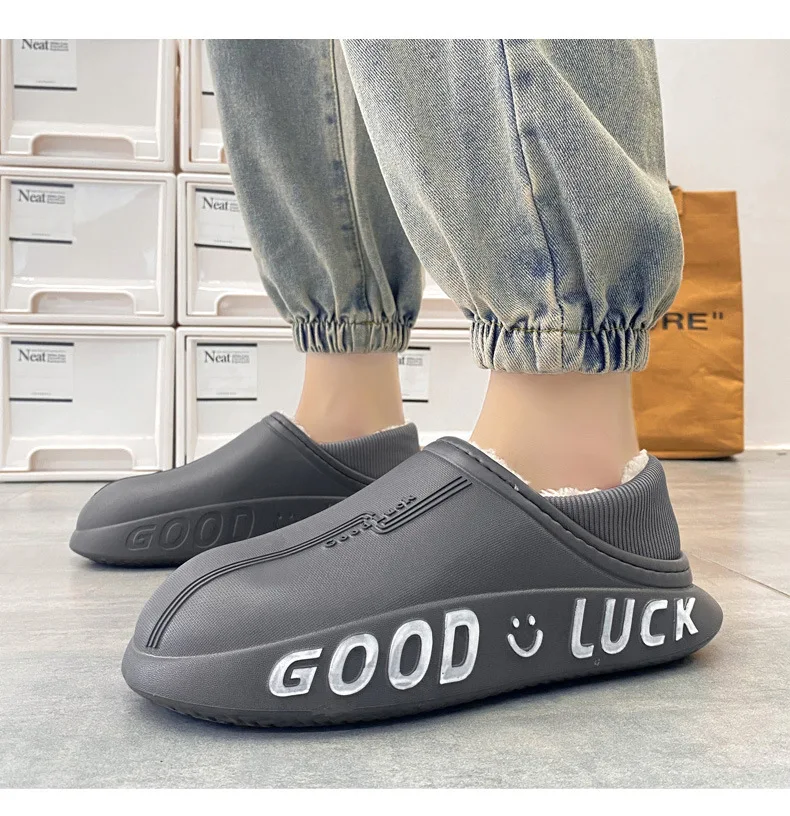 New Warm Plush Winter Women Cotton Slippers Waterproof Thick Sole Non-Slip Solid Couple Shoes Fashion Cozy Men House Slipper