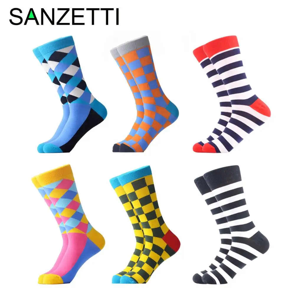 SANZETTI/6 пар/лот, мужские цветные повседневные носки из чесаного хлопка, удобные носки с узором для свадебного торжества, дня рождения, подарка, платья