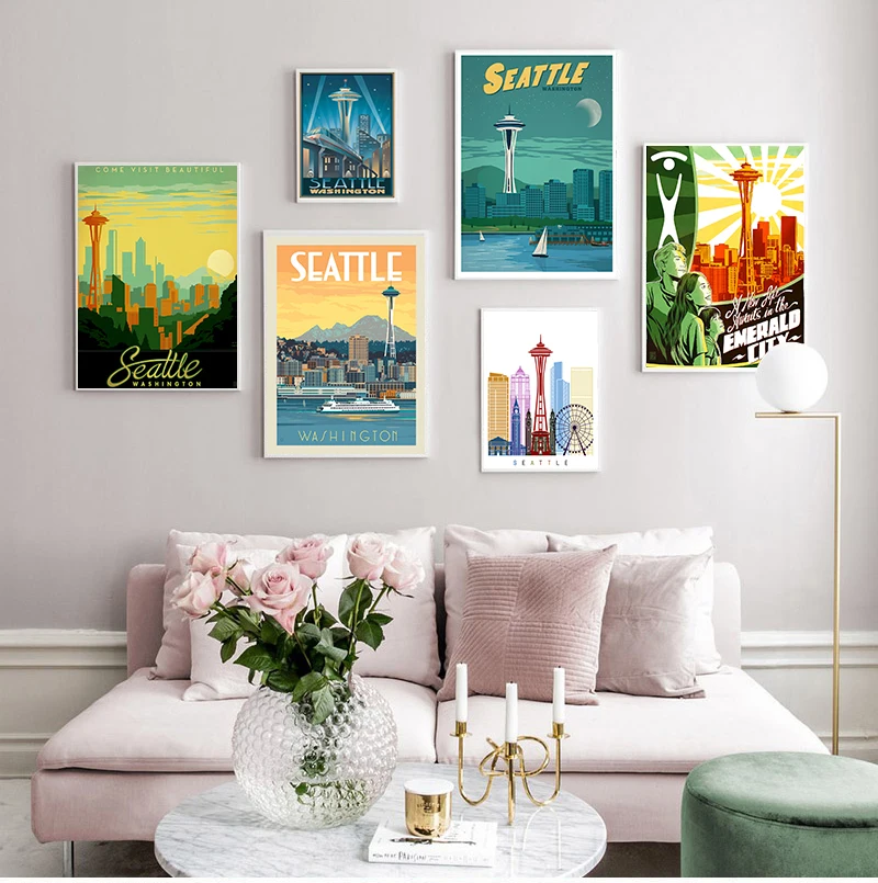 Дорожная холщовая картина из США Сиэтл Вашингтон винтажные настенные