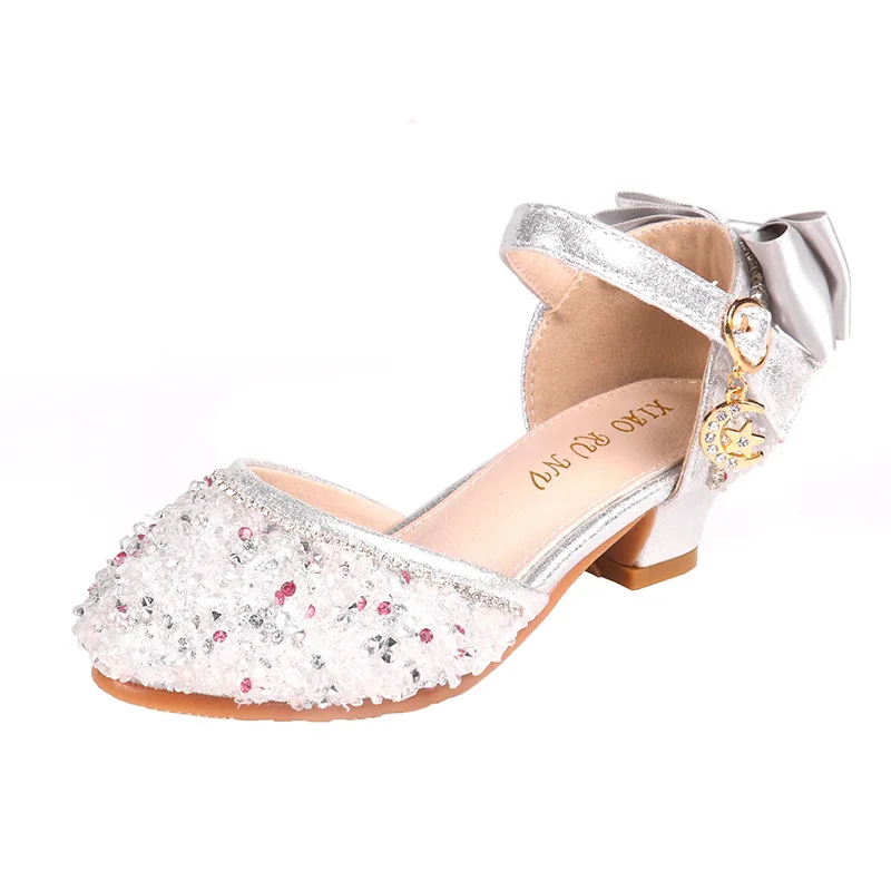 Kids Girls Shoes Sandals Bling Shiny Rhinestone Bow Princess High Heels Dance Shoes Girls Children Waterproof Antiskid Footwear