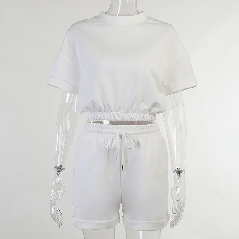 

Summer Casual 2 Piece Sets Women Sexy Solid O-neck Short Sleeve Crop Tops And Bandage Shorts Matching Set Women Female Tracksuit