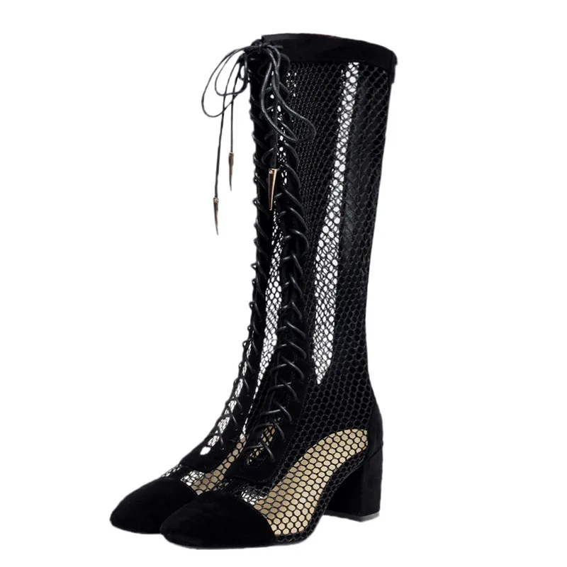 Jual Sepatu Bot Wanita Simpul Silang Jala Kulit Hak Tinggi Selutut Jala Breathabl Botas Hitam Aprikot Feminina Botas Feminina