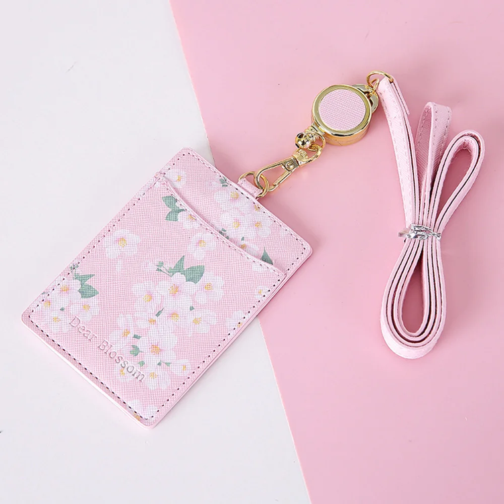 

Newest Cherry Flowers PU Card Holder Retractable Lanyard 2 Bits Card Bag Women Identity Badge Reel Rope Card Case ID IC Holders