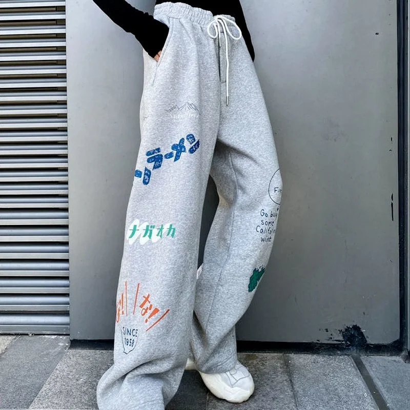 

HOUZHOU Hippie Wide Leg Pants Women Streetwear Hip Hop Trousers Female 2021 Casual Sweatpants with Print Street Style Jogger