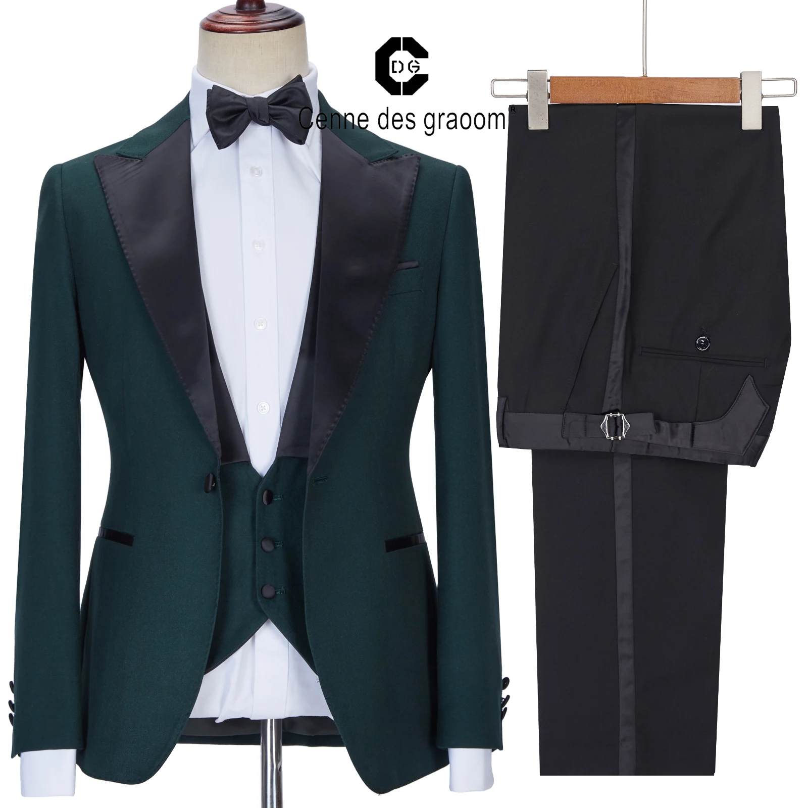 Cenne Des Graoom 2022 New Men Suits Satin Peak Lapel Tailor-Made Prom Tuxedo Green 3 Pieces Wedding Groomsmen Terno Masculino
