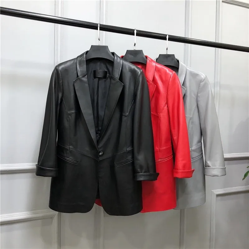 

Ladies Elegant Single Office Button Suit Coat Real Leather Jacket Slim Fit Turndown Collar Windbreakers Jackets Female Outerwear