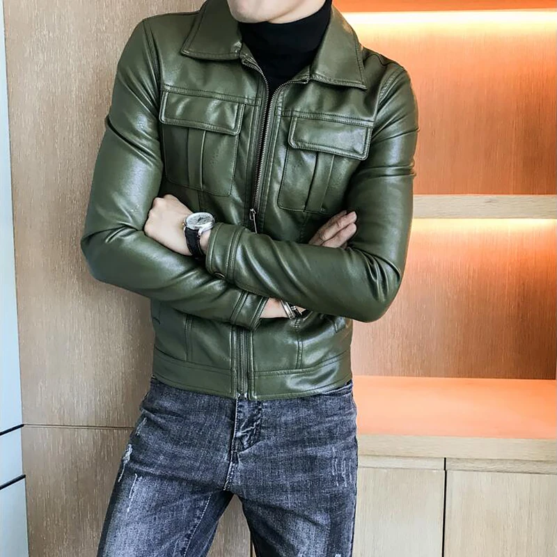 Зеленые мотоциклетные куртки на молнии 2020 мужская кожаная куртка приталенная