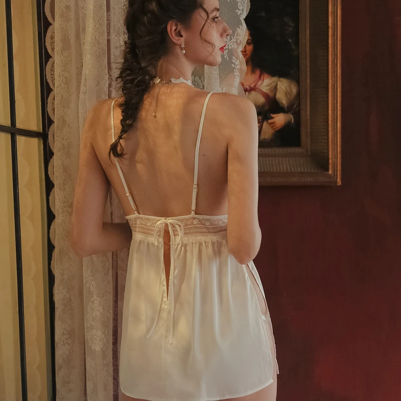 Черный, белый цвет сексуальные пижамы Ice Silk(искусственное волокно Лето Высокое Разделение прозрачный Для женщин сна костюм футболка с шортами и ремешками через подъем, декорированные кружевом и бисером, одежда для сна, одежда для сна