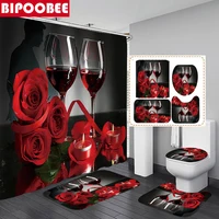 Romantic Lover Shower Curtain Red Wine Rose Flower Print Bathroom Curtains Valentine's Day Decor Toilet Lid Cover Anti-slip Rugs