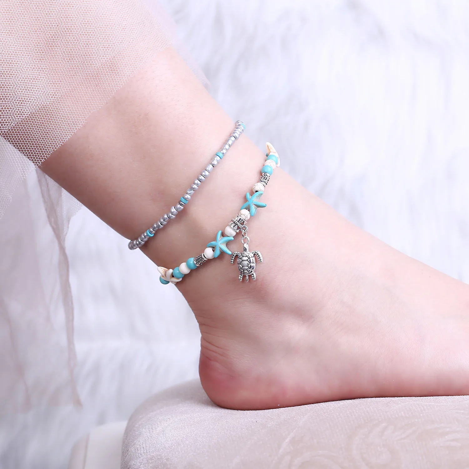 

Bohemian Rice Zhuhai Star Turquoise Turquoise Turtle Pendant Double Anklet