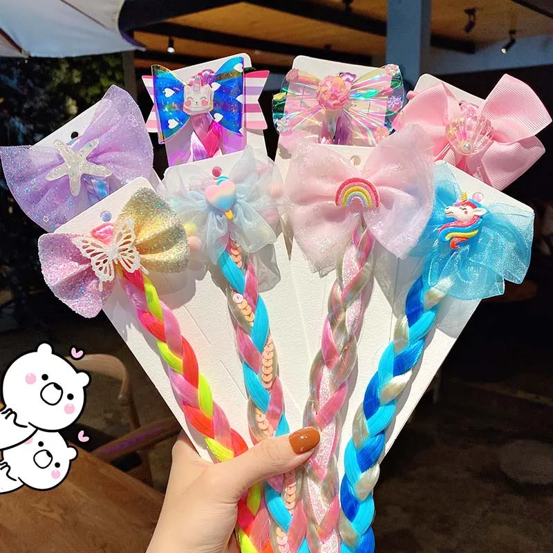 

2021 New Girls Cute Cartoon Bow Butterfly Colorful Braid Headband Kids Ponytail Holder Rubber Bands Fashion Hair Accessories