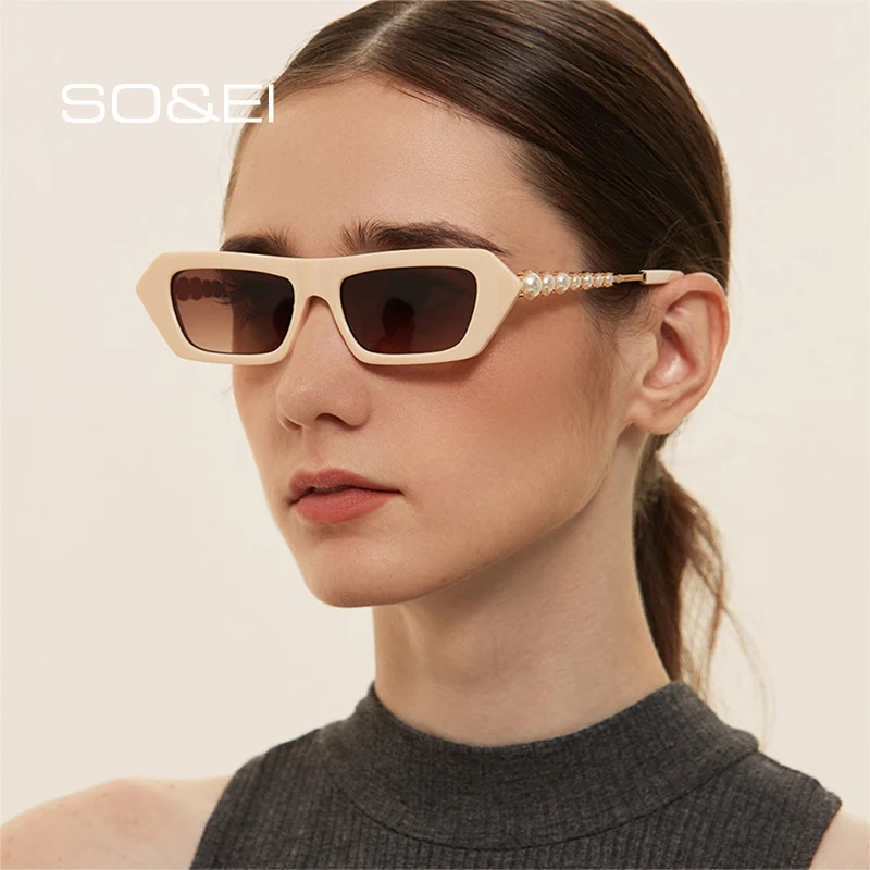 

SO&EI Fashion Small Square Sunglasses Women Luxury Vintage Semi-Metal Pearl Eyewear Men Leopard Beige Polygon Sun Glasses Shades