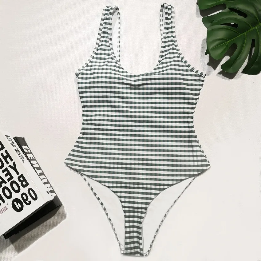 

Sexy Plaids One Piece Swimsuit Women Swimwear Checked Cut Out Bikini Scoop Neck Monokini Beach Wear Bathing Suit Women One Piece