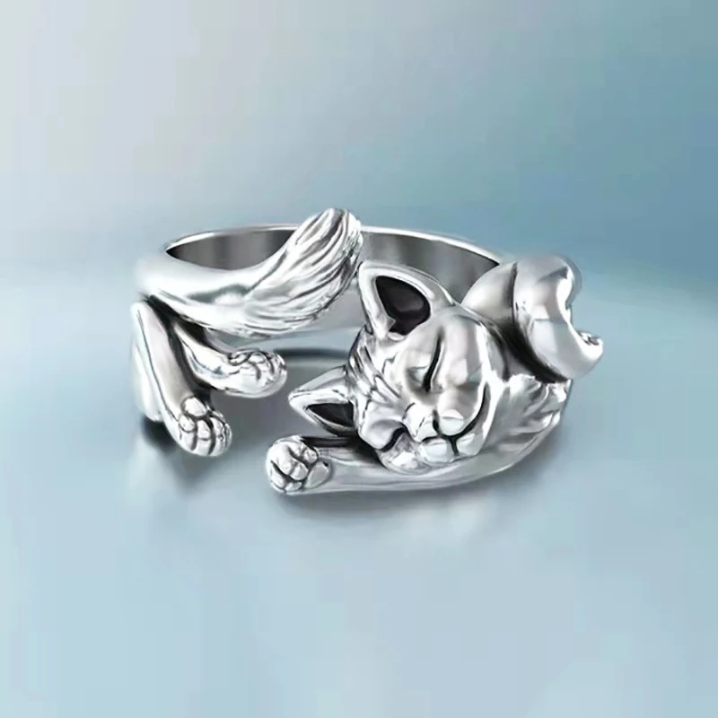 

Cute Fortune Cat Shape Women Opening Rings Silver Color Dance Party Finger Ring Delicate Girl Gift New Fashion Jewelry