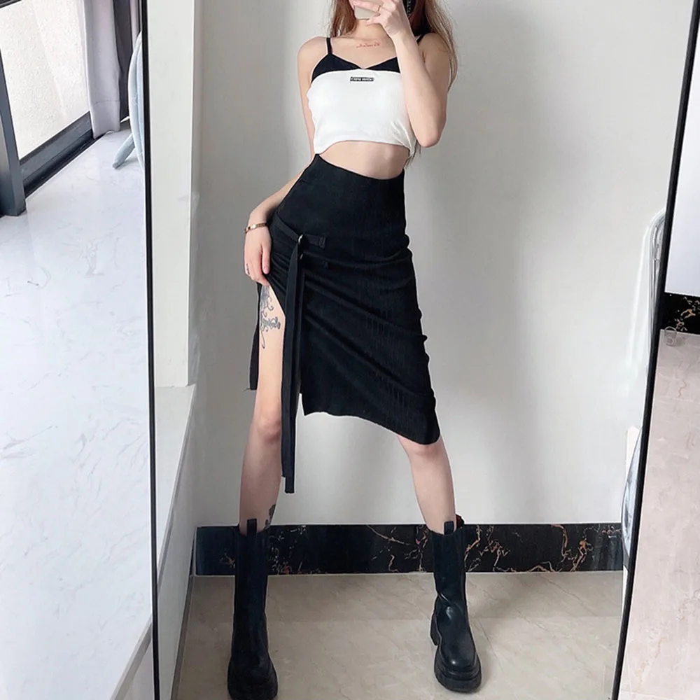 

High Street Fashion Designer 2021 Summer Skirt Casual Simple Thin Hipster Split Fork Solid Color High Waist