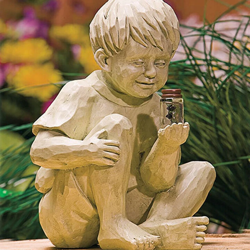 

1Pc A Kid with Solar Fireflies Garden Statue Resin Jar Boy Girl Statue Whimsical Flowerbed Yard Outdoor Sculpture Decor Jardin