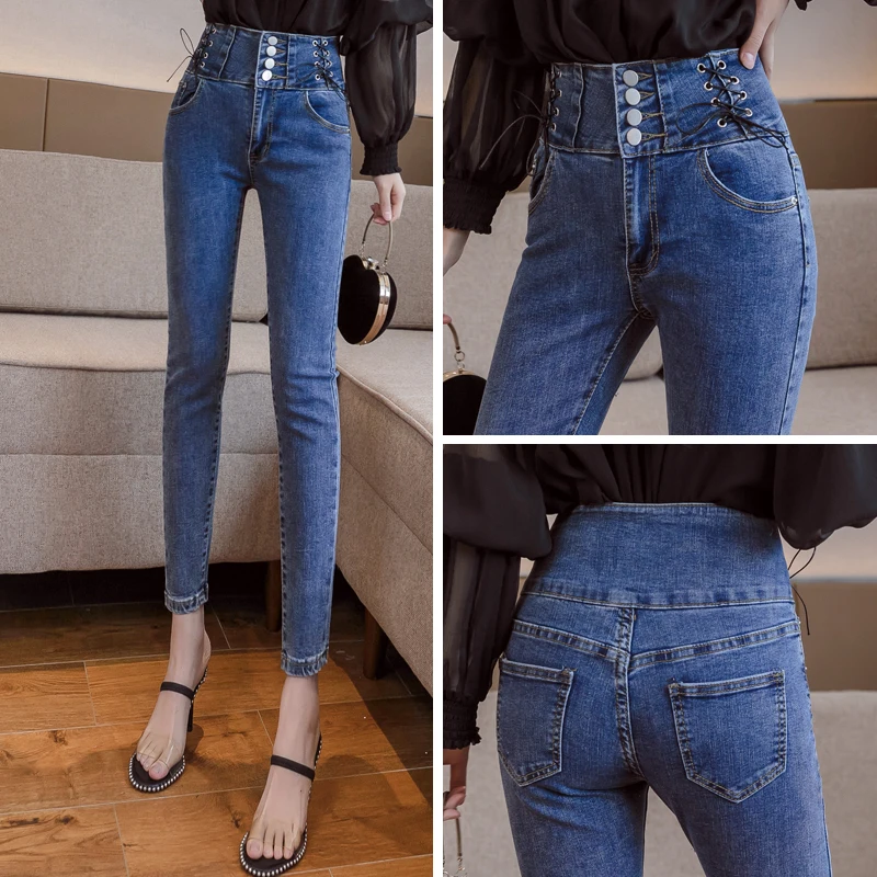

Tonglord Women's High Waist Jeans 2020 Autumn New Skinny Slim Pencil Skinny Jeans Ladies Casual Feet Pencil Pants Button Zipper
