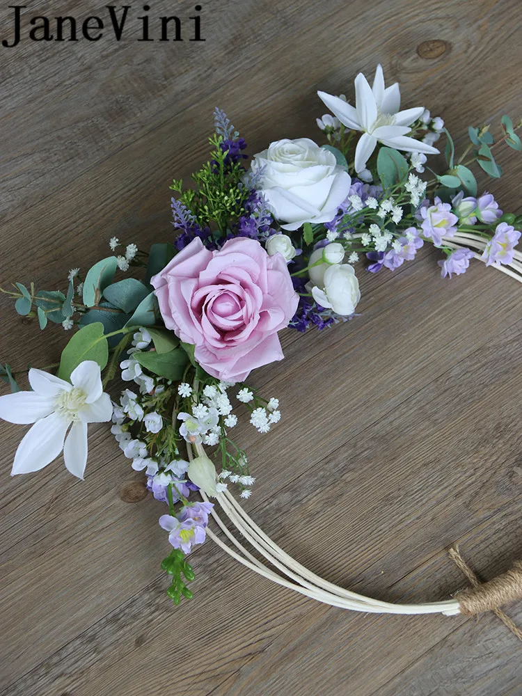 JaneVini White Purple Roses Bride Wreath Artificial Lavender Wedding Flowers Bridal Bouquets Accessories Lei Garland Basket 2019 | Свадьбы и