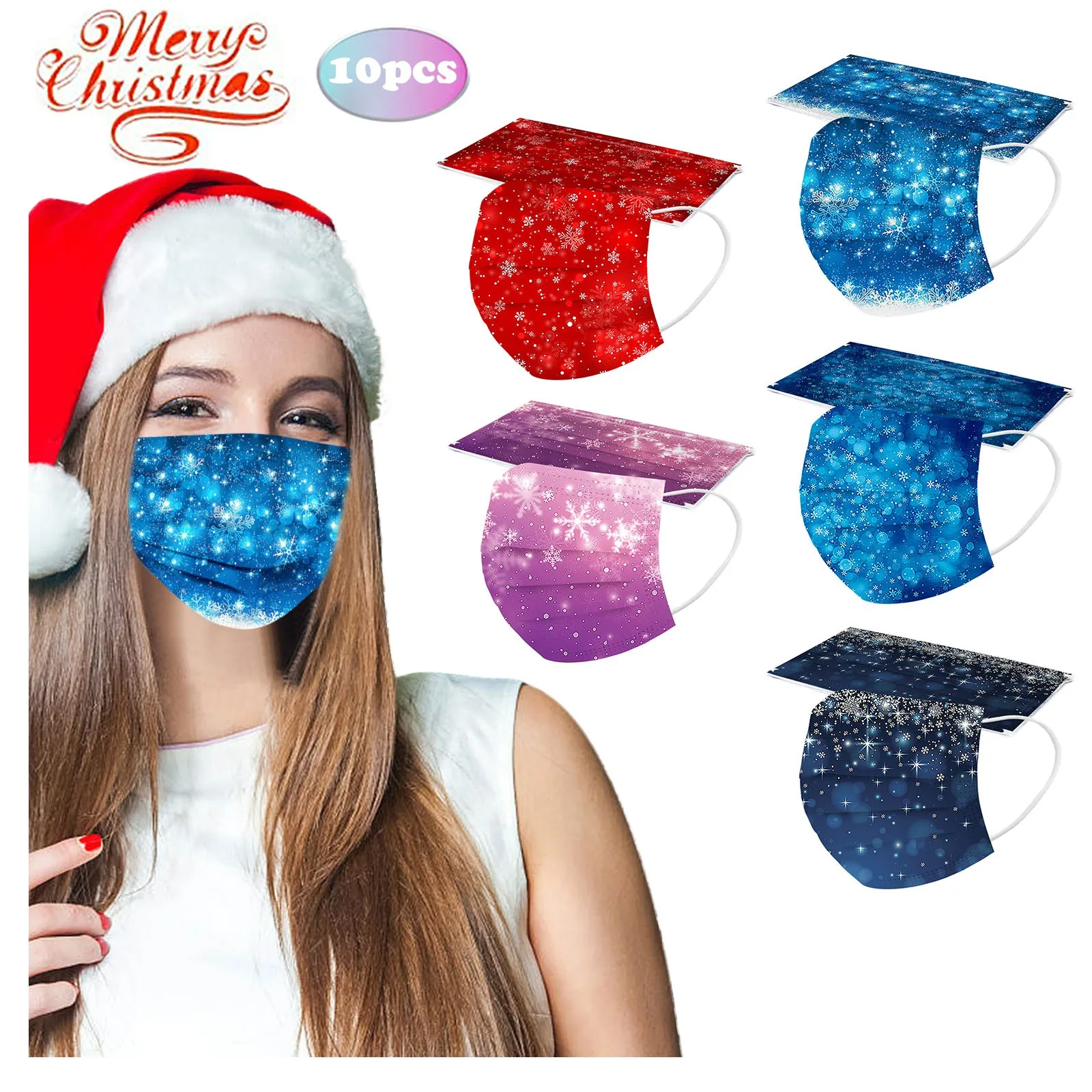 

10pcs Snowflake Printed Face Mask Adult Proteccion Disposable Masks Women 3-ply Covers Fashion Christmas Cosplay Mascara Navid