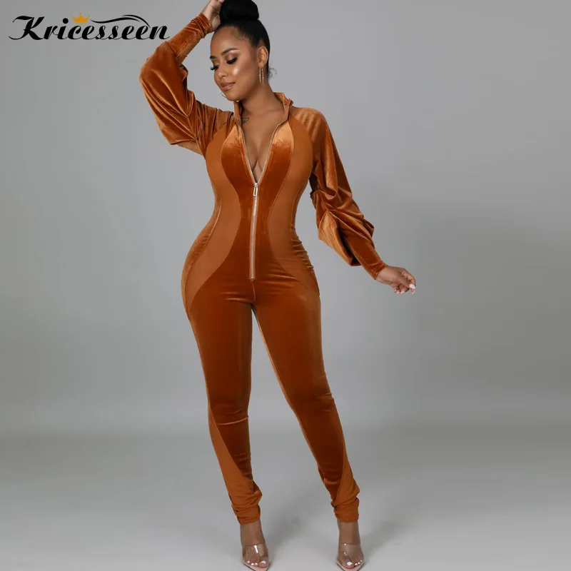 

Kricesseen сексуальный бархатный сетчатый лоскутный комбинезон с длинными брюками, новинка, женский комбинезон на молнии с рукавами-фонариками,...