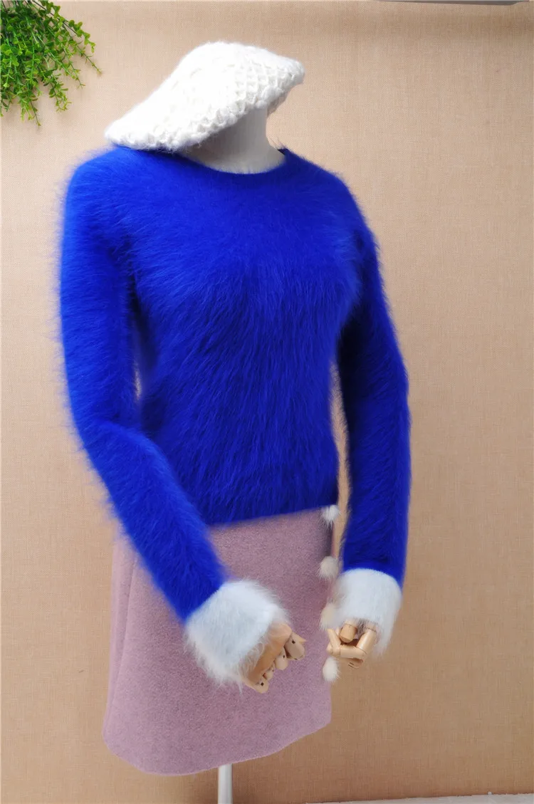 YT057 Женский Короткий стильный модный синий пушистый кашемировый тонкий пуловер
