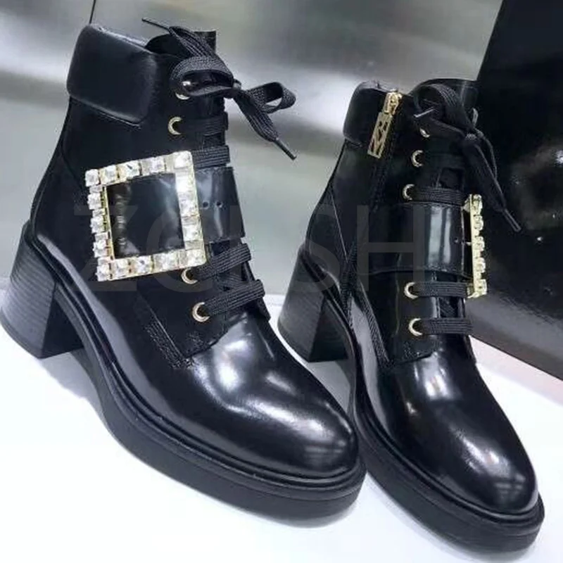 

New Women Genuine Leather Ankle Boots Crystal Square Buckle Embellished Lace Up Martin Booties Lady Round Toe Thick Heel Shoes