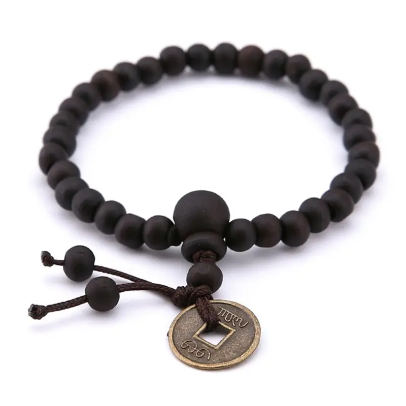 Ювелирные изделия браслет из натурального дерева медь монета буддизм для женщин