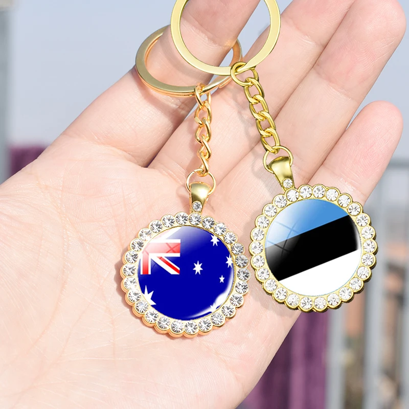 

Hot Sale National Flag Keychain Shiny Crystal Keychains for Women Girls Jewelry Gifts Bohemia Long Chains Pendant Accessories