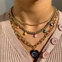 new heart evil eyes pendant multilayer metal chain necklace for women colorful eye golden beads choker necklaces fashion jewelry