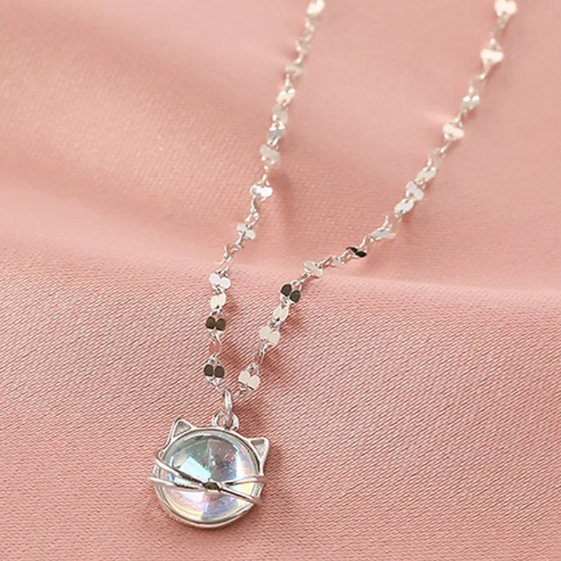 

925 Sterling Silver Moonstone Cute Cat Charm Necklace Pendant Women Girls Wedding Jewelry Accessories Choker dz904