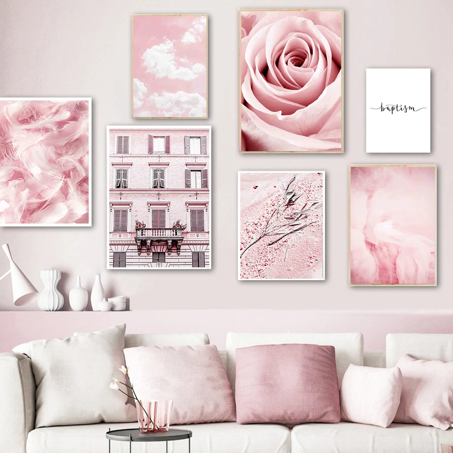 

Настенная картина розовая роза, цветок, облако, небо, лист, перо, настенная Картина на холсте, скандинавские плакаты и принты, настенные карт...