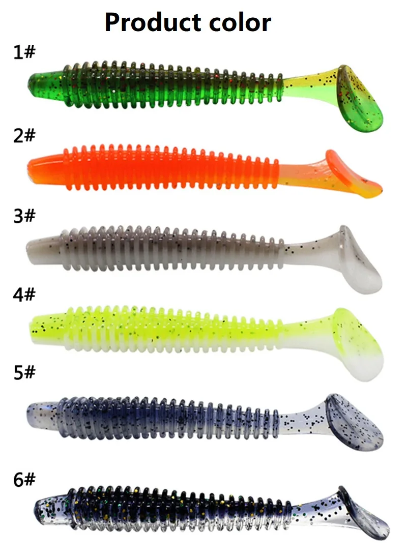 5-10pcs/lot Soft Fishing Lure 50mm/0.9g Double Color Spiral T tail Silicone baits Jig Wobbler Worm Pesca Bait | Спорт и развлечения