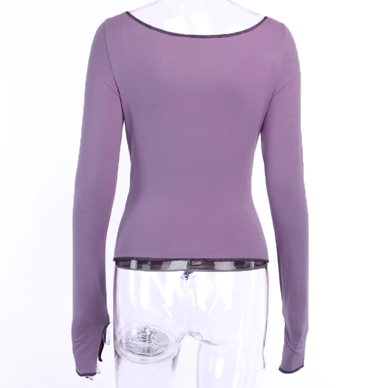 

Punk Style Off Shoulder T-Shirts Womem Long Sleeve Striped Line Strap Tees Hollow Patch Split Crop Top Girls Street Clothes