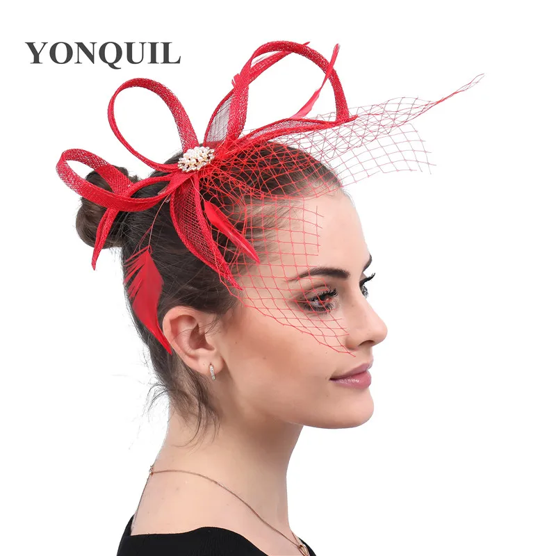 

Sinamay Red Mesh Wedding Headwear Bridal Elegant Fascinator Hair Accessories Net Hat Women Mariage Fancy Headdress For Ladies