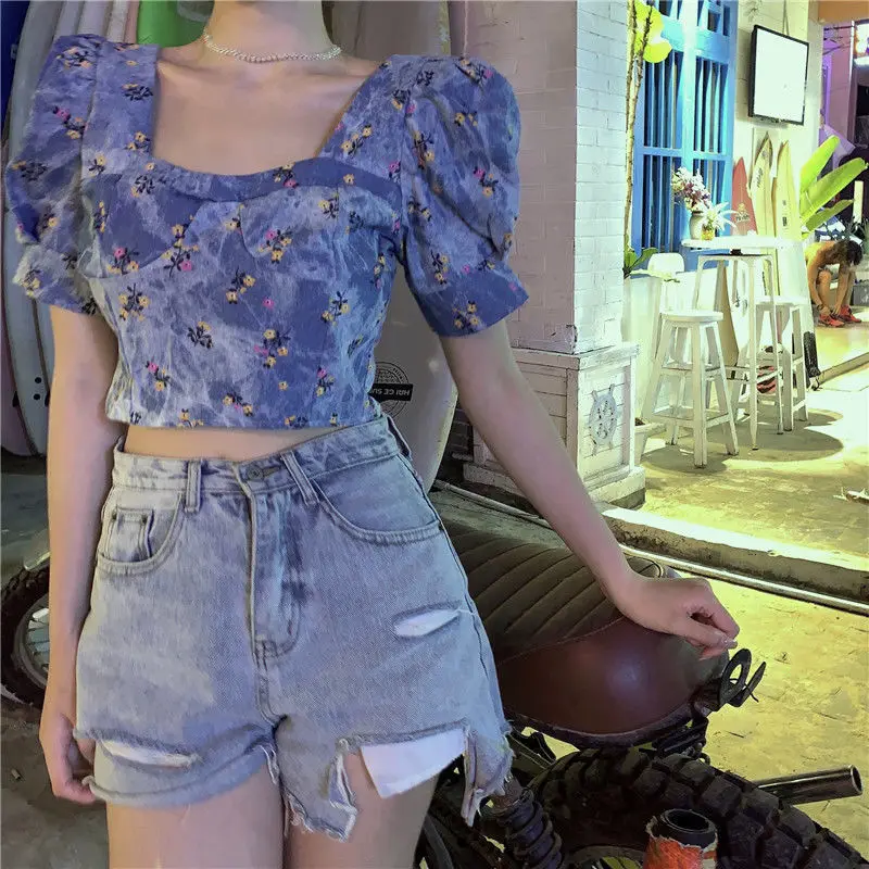

QWEEK Denim Shirt Women Puff Sleeve Blouse Vintage Floral Top Ladies Korean Style 2021 Fashion Summer French Elegant Shirts Chic