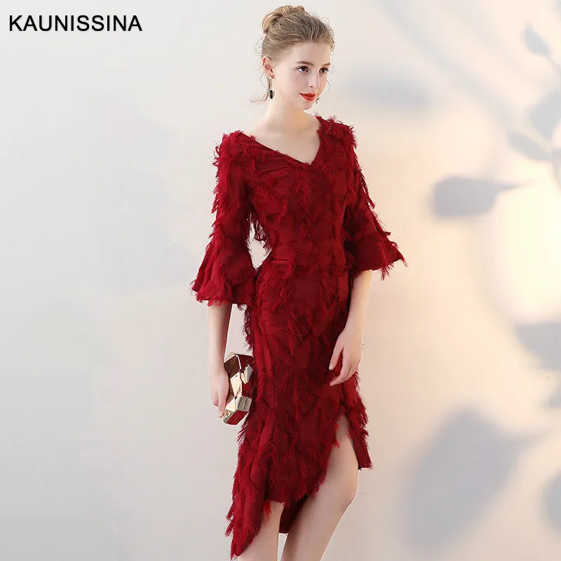 KAUNISSINA Mermaid Cocktail Dresses Elegant Party Gowns V-Neck Flare Sleeve Celebrity Homecoming Dress Vestidos | Свадьбы и