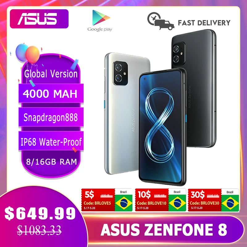 2021 NEW ASUS Zenfone 8 Global Version Snapdragon 888 8/16GB RAM 128/256GB ROM IP68 Water-Proof Android OTA 5G Cellphone