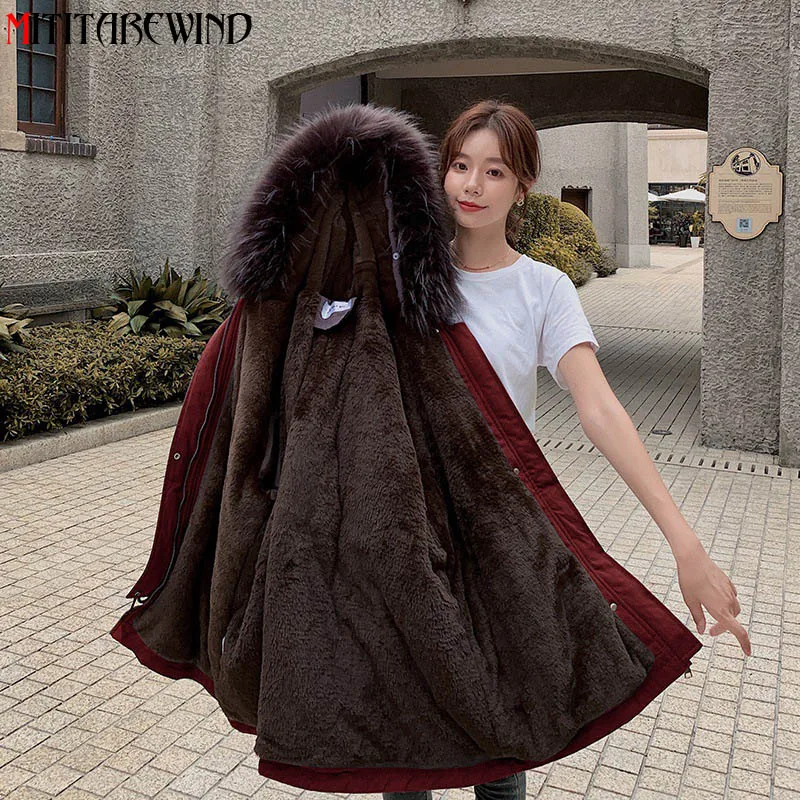 

2021 New Winter Parkas Jacket Women Fashion Hooded Fur Collar Windbreaker Coat Women Casual Loose Wool Liner Keep Warm Outerwear