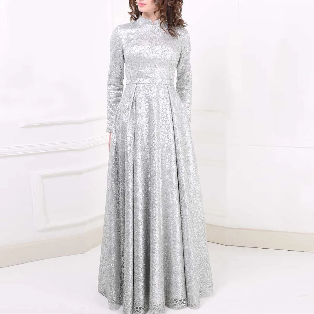 Silver Anshirlisa Для женщин Серебряный платье для невесты с длинным рукавом Роскошные длинное вечернее платье для официальных мероприятий скромные элегантные Винтаж вечерние платья с высоким воротом Выходные туфли на выпускной - Цвет: Silver