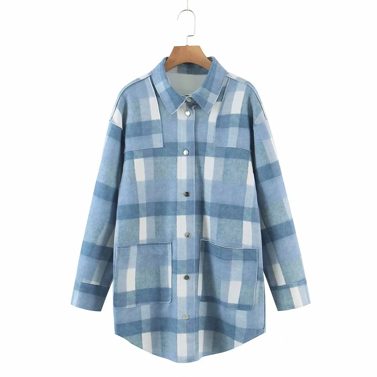 

Women Light Blue Plaid Chic Lady Casual Fashion Blouse Design Jacket Coat Female Turn Down Collar Single Breasted Pocket Loose T